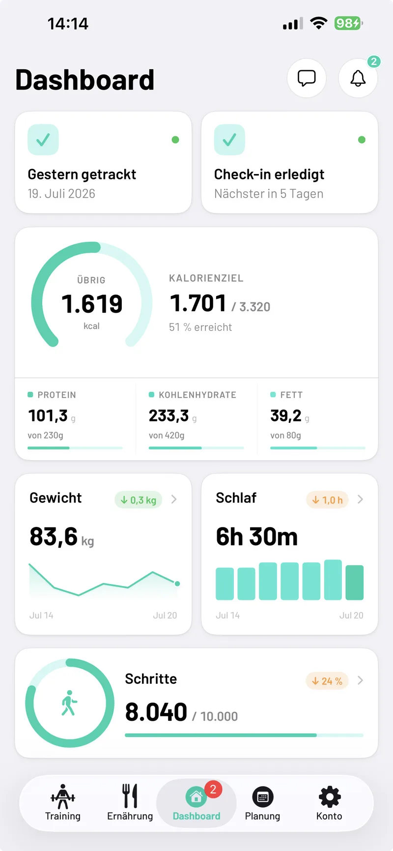Athlete app – nutrition tracking