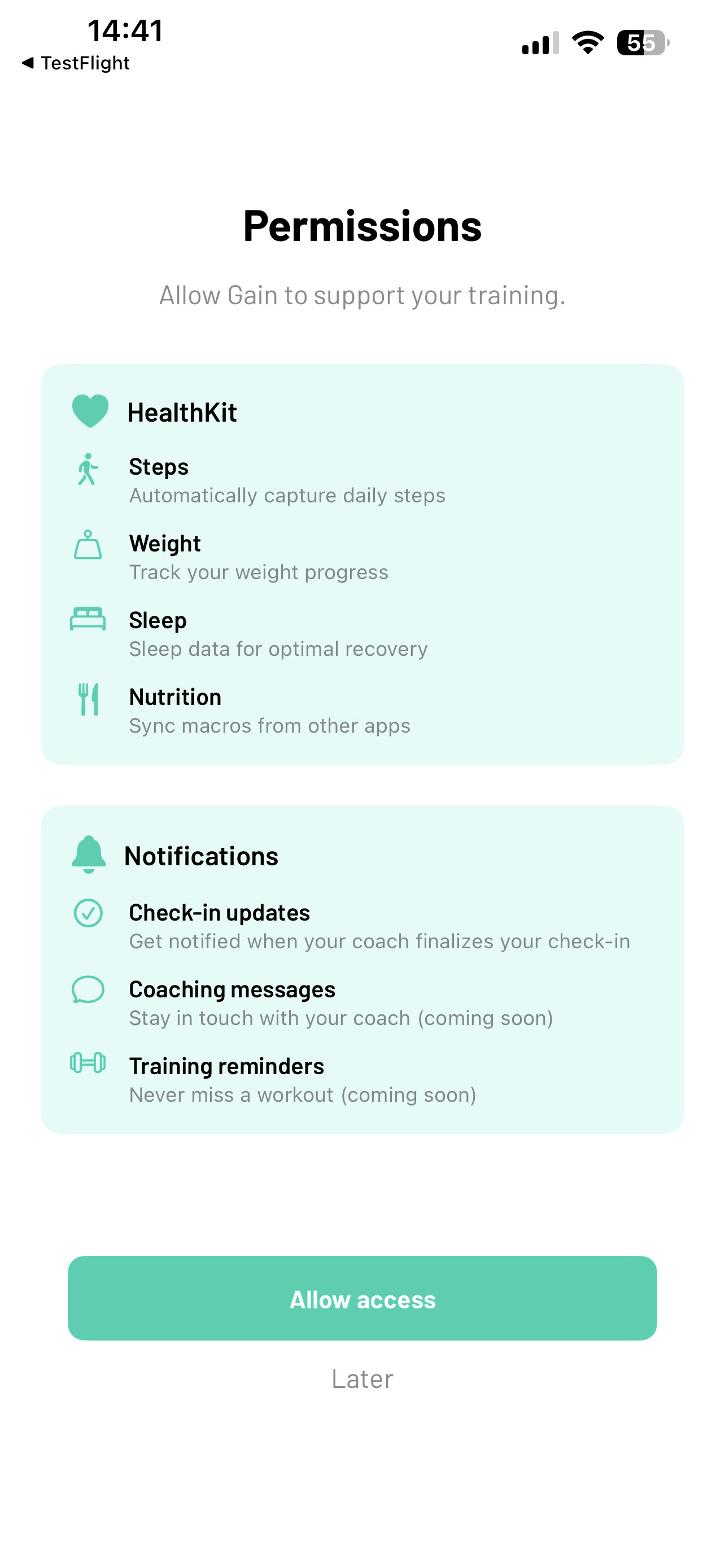 Gain. app requesting HealthKit and notification permissions